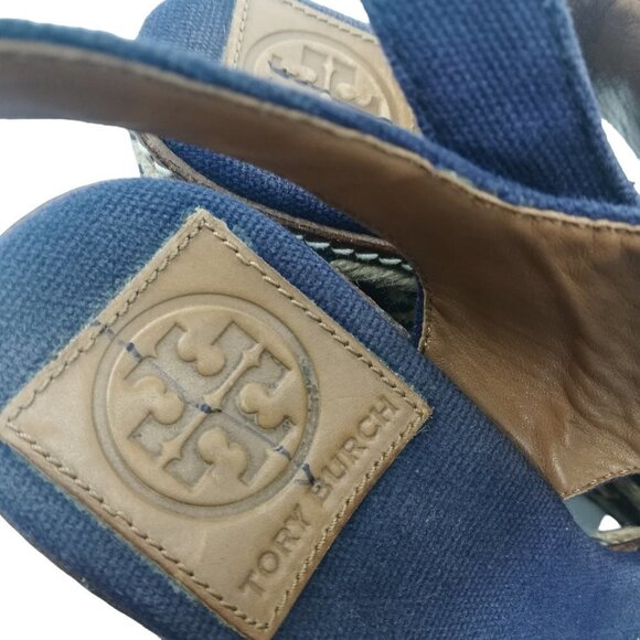 Tory Burch Wedge Espadrille Linley Platform Sandals Size 6.5-7? Peep Toe Blue - Picture 13 of 15